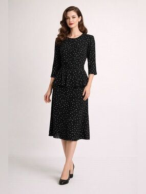 Vintage Sally III 80s Does 40s Black Midi Dress Peplum Belted 18 Cottagecore